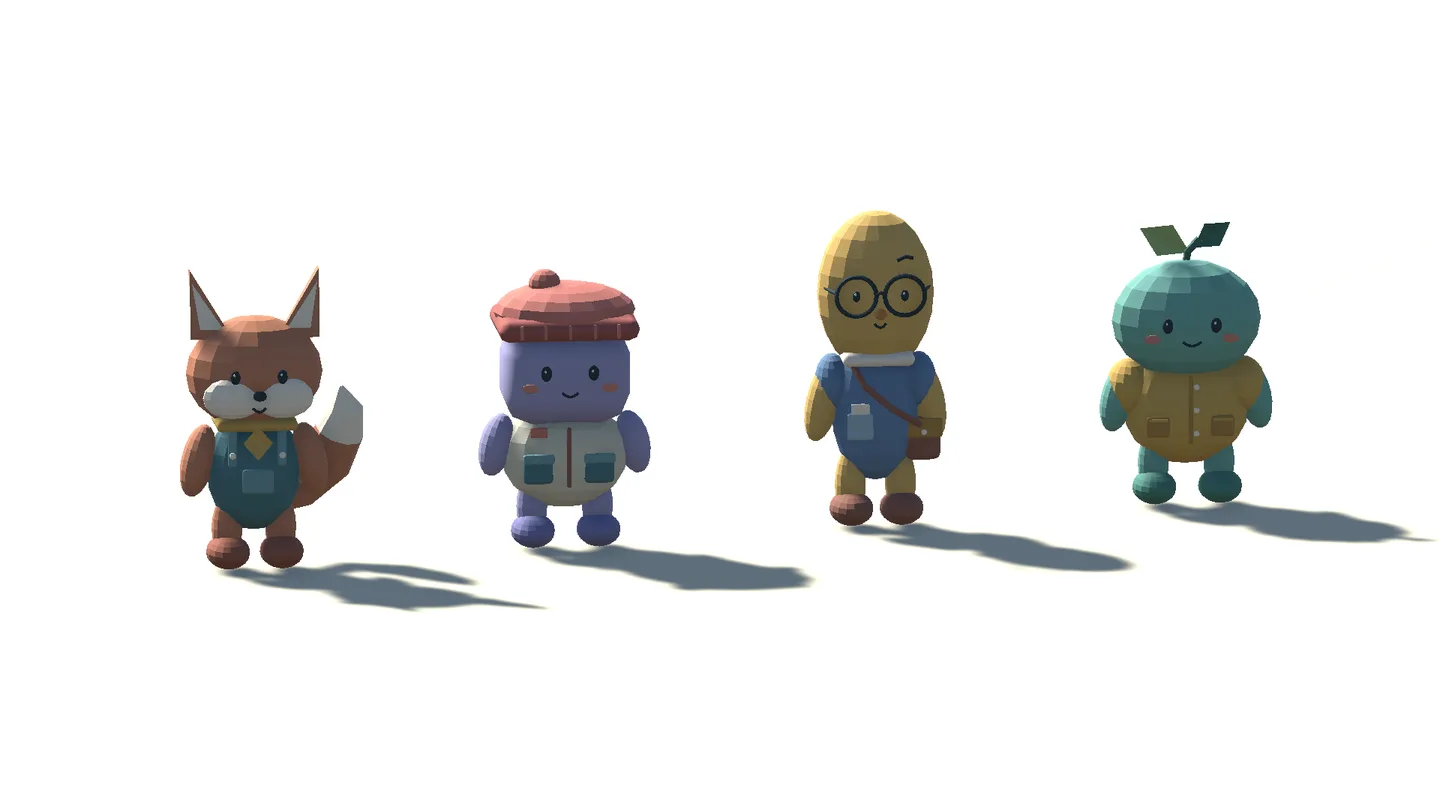 Four Blender characters · Unity prefab review