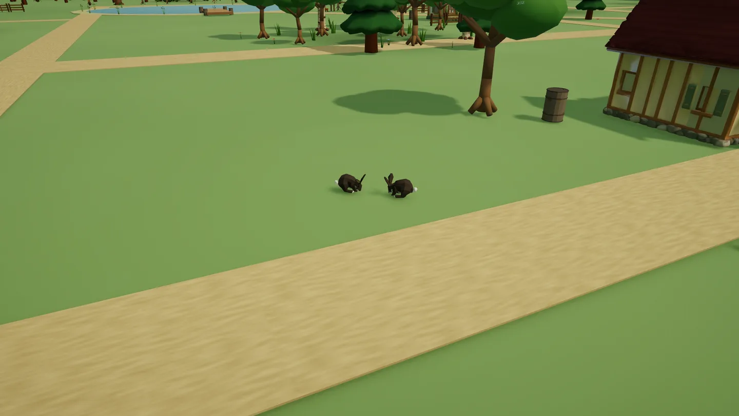 Controlled Unity gameplay · rabbits facing one another beside the orchard lane. An empty-resident public snapshot advances authored animal presentation; animal placement and poses were unarranged. A still image does not establish movement.