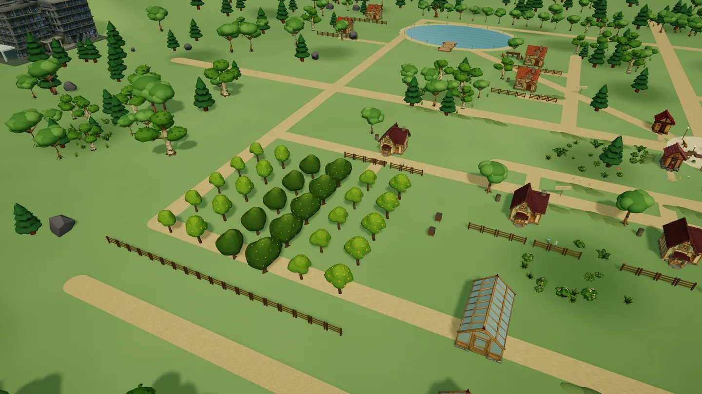 Echte Unity-Spielszene · das reparierte Gewächshaus und die Hearthstead-Häuschen am Obstgarten. Pausierter eigenständiger Spielbuild; die undurchsichtige Verglasung ist eine gestalterische Entscheidung.