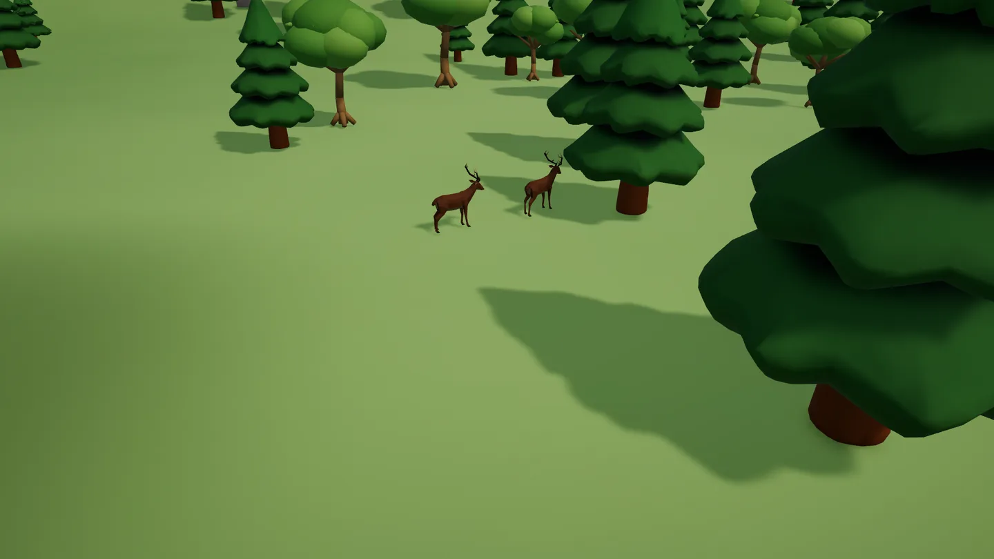 Historical Unity gameplay · two deer in the northern clearing in the initial animal integration, before friendly encounters. Paused standalone player; this still shows appearance, not movement or animal ecology.