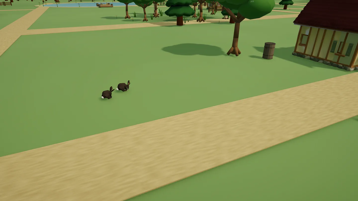 Historical Unity gameplay · two rabbits beside the orchard lane in the initial animal integration, before friendly encounters. Paused standalone player; this still shows appearance, not movement or animal ecology.