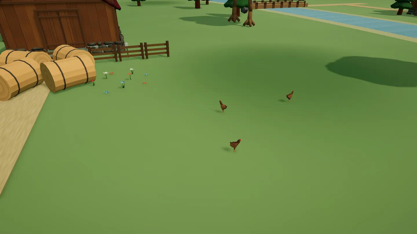 Historical Unity gameplay · three hens beside the farm barns in the initial animal integration, before friendly encounters. Paused standalone player; this still shows appearance, not movement or animal ecology.