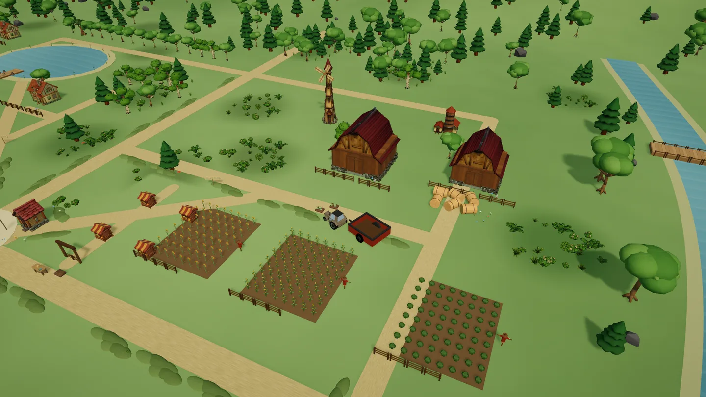 Actual Unity gameplay · the farm with its reviewed grain store. Paused standalone build; this frame shows the installed appearance, not grain-storage behavior.