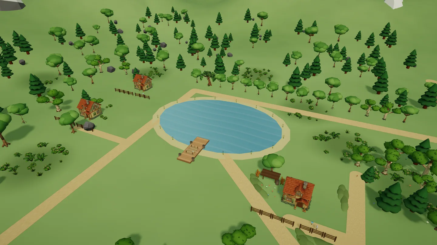 Actual Unity gameplay · the new Lakeside cottages around the lake. Paused standalone build with the current reviewed buildings and existing paths.