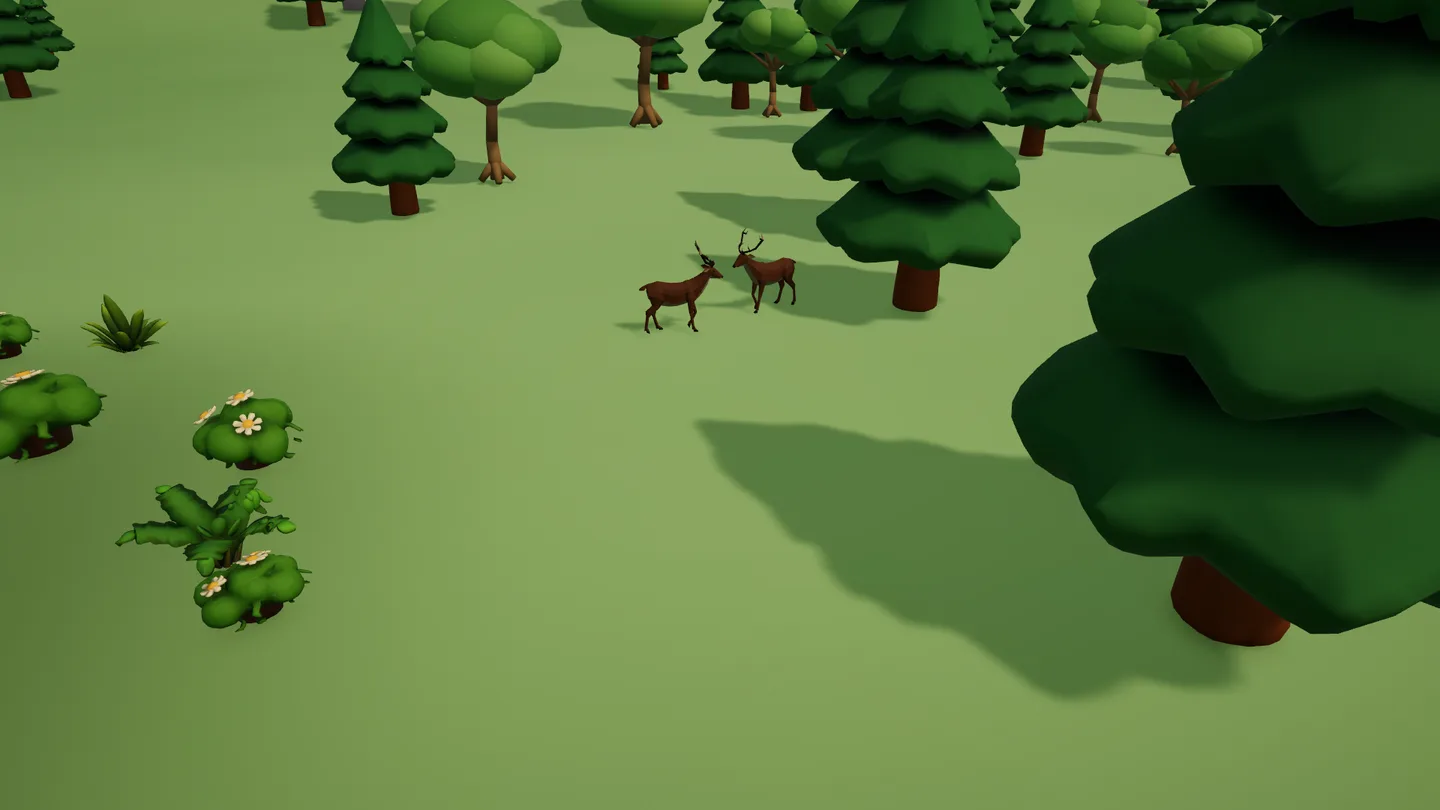Controlled Unity gameplay · a deer pair in the northern clearing. An empty-resident public snapshot advances authored animal presentation; animal placement and poses were unarranged. A still image does not establish movement.