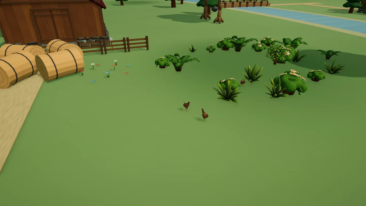 Controlled Unity gameplay · hens near one another beside the farm. An empty-resident public snapshot advances authored animal presentation; animal placement and poses were unarranged. A still image does not establish movement.